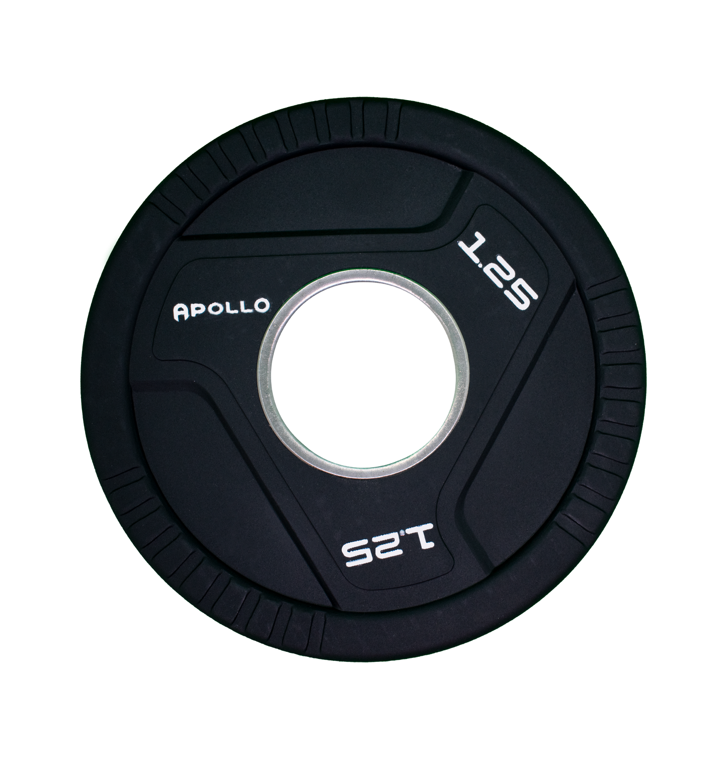 Black weight plate with Apollo branding on a white background