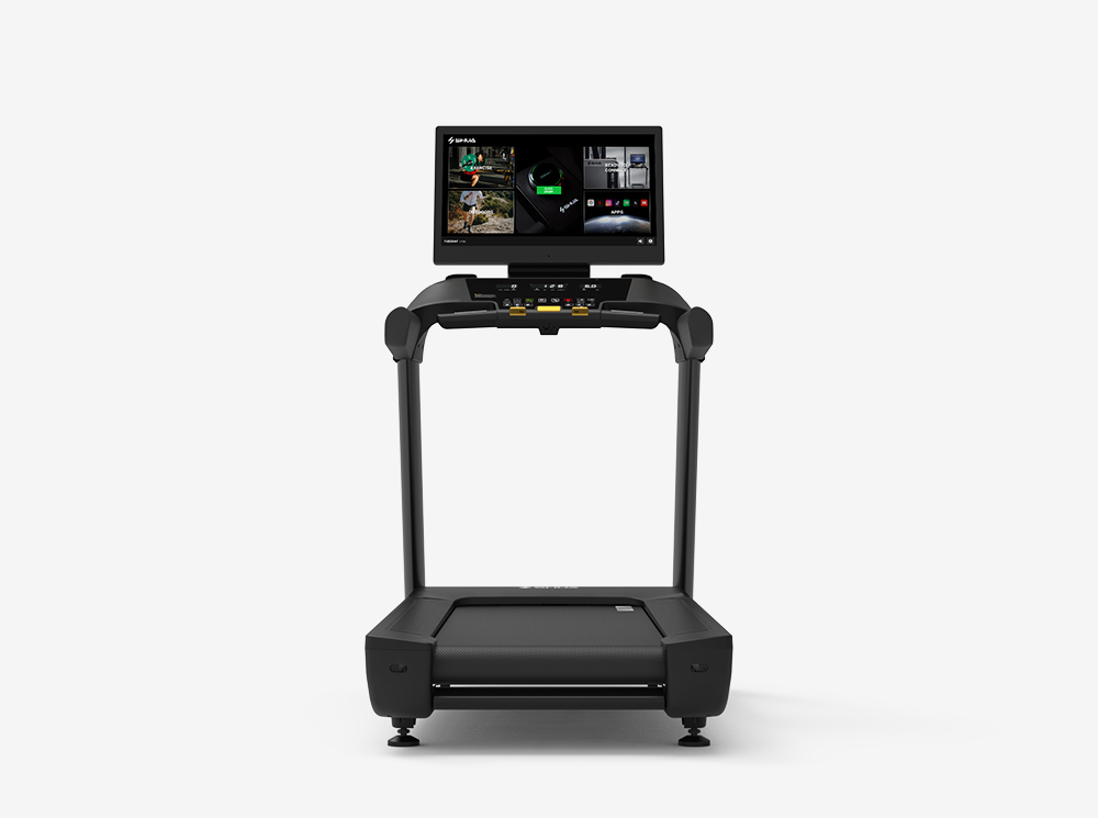Black treadmill with a control panel and screen on a white background