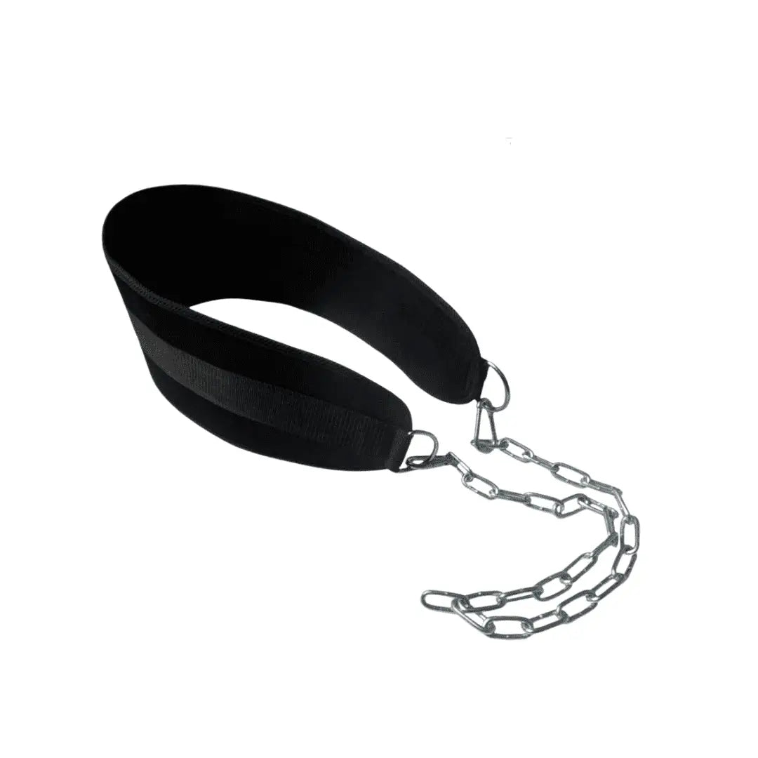 Black leather strap with metal chain on a white background