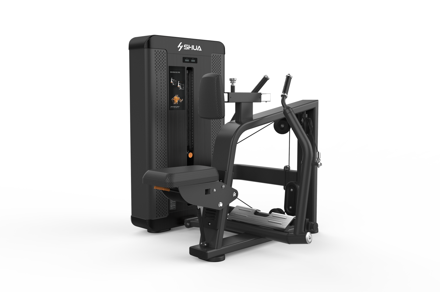 A black rowing machine with a digital display and multiple handles.
