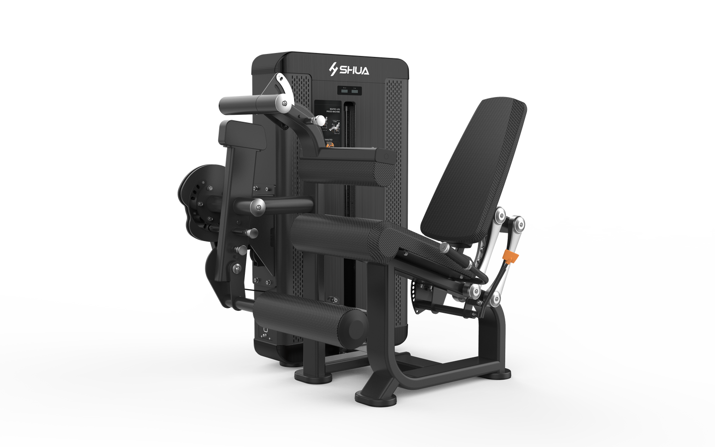A black leg curl fitness machine, with a metallic part and a rubber-coated cable.