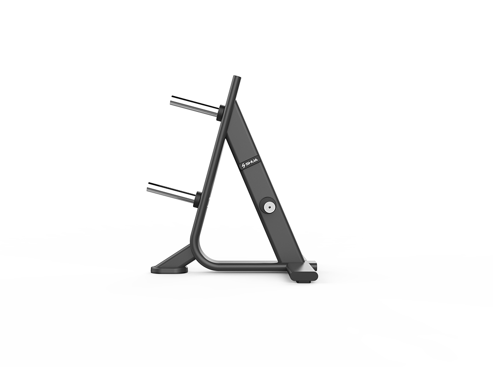 Black metal stand with adjustable arms on a white background