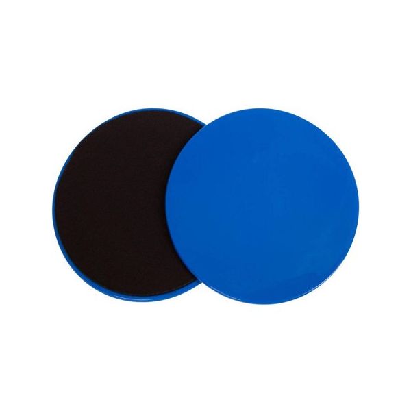 Two round discs, one black and one blue, on a white background