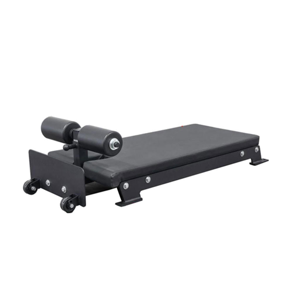 Black workout bench with adjustable components on a white background