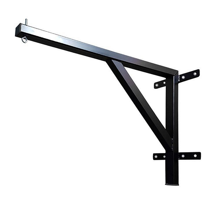 Black metal wall-mounted punching bag stand on a white background