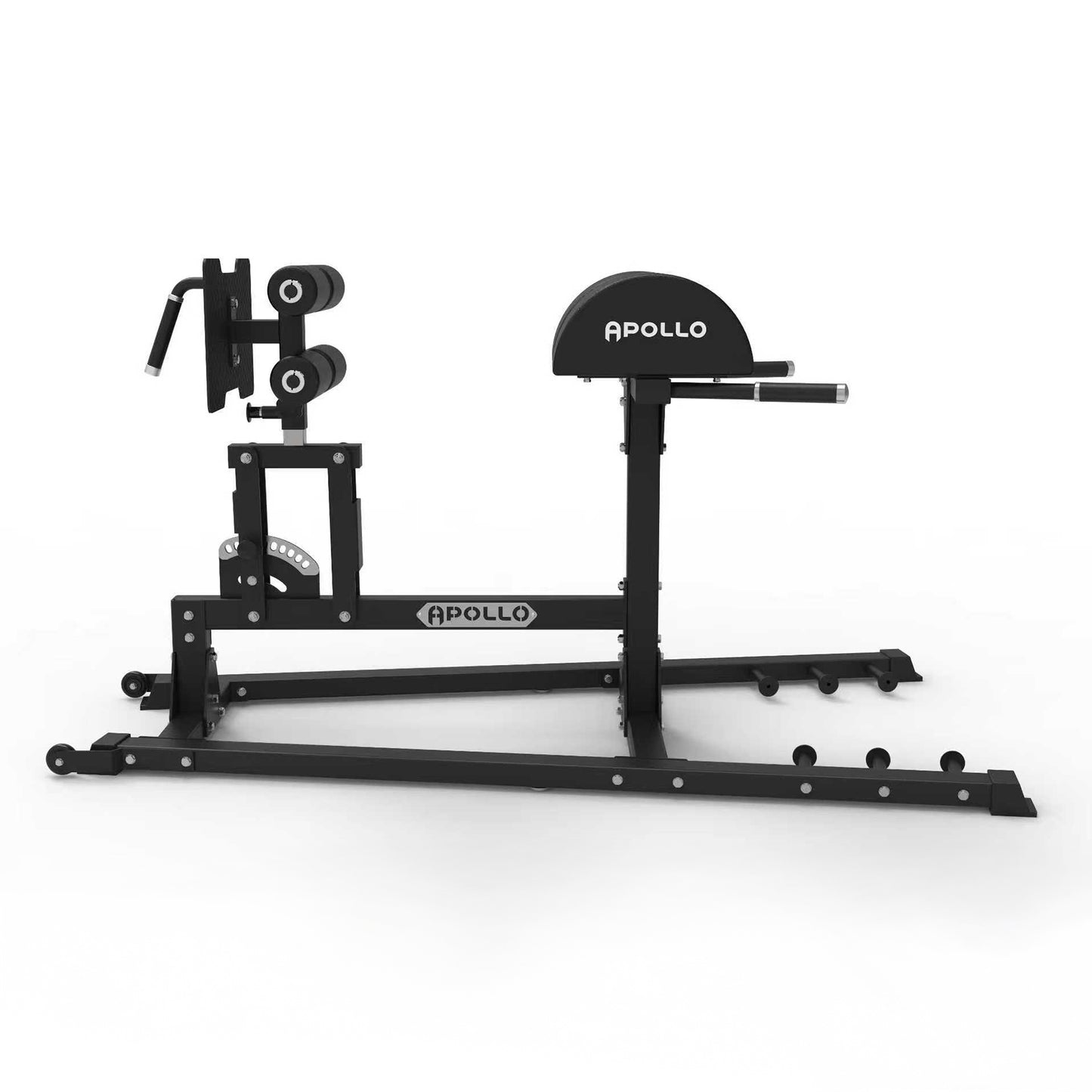 Black weightlifting bench with 'Apollo' branding on a white background