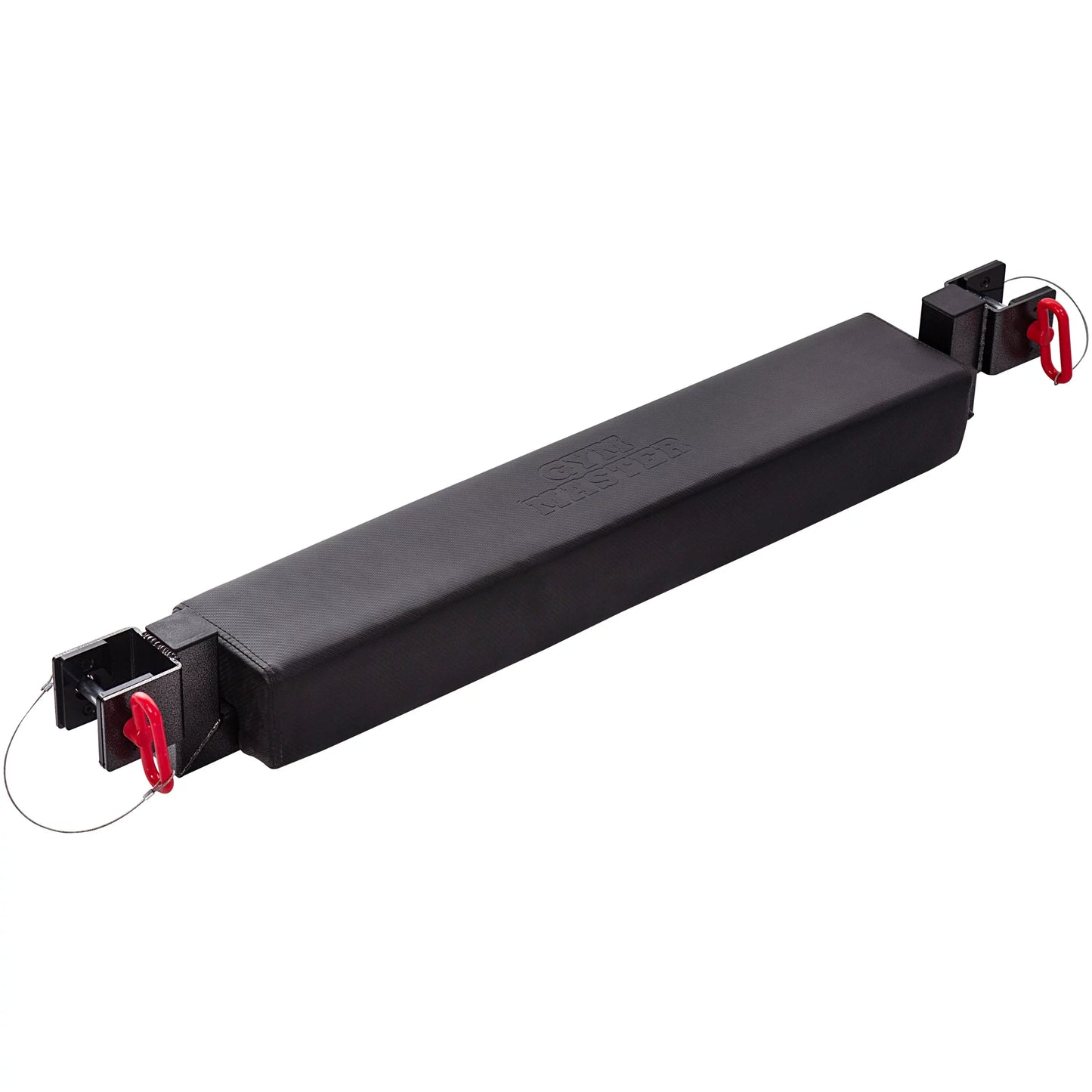 Black metal bar with red clips on a white background
