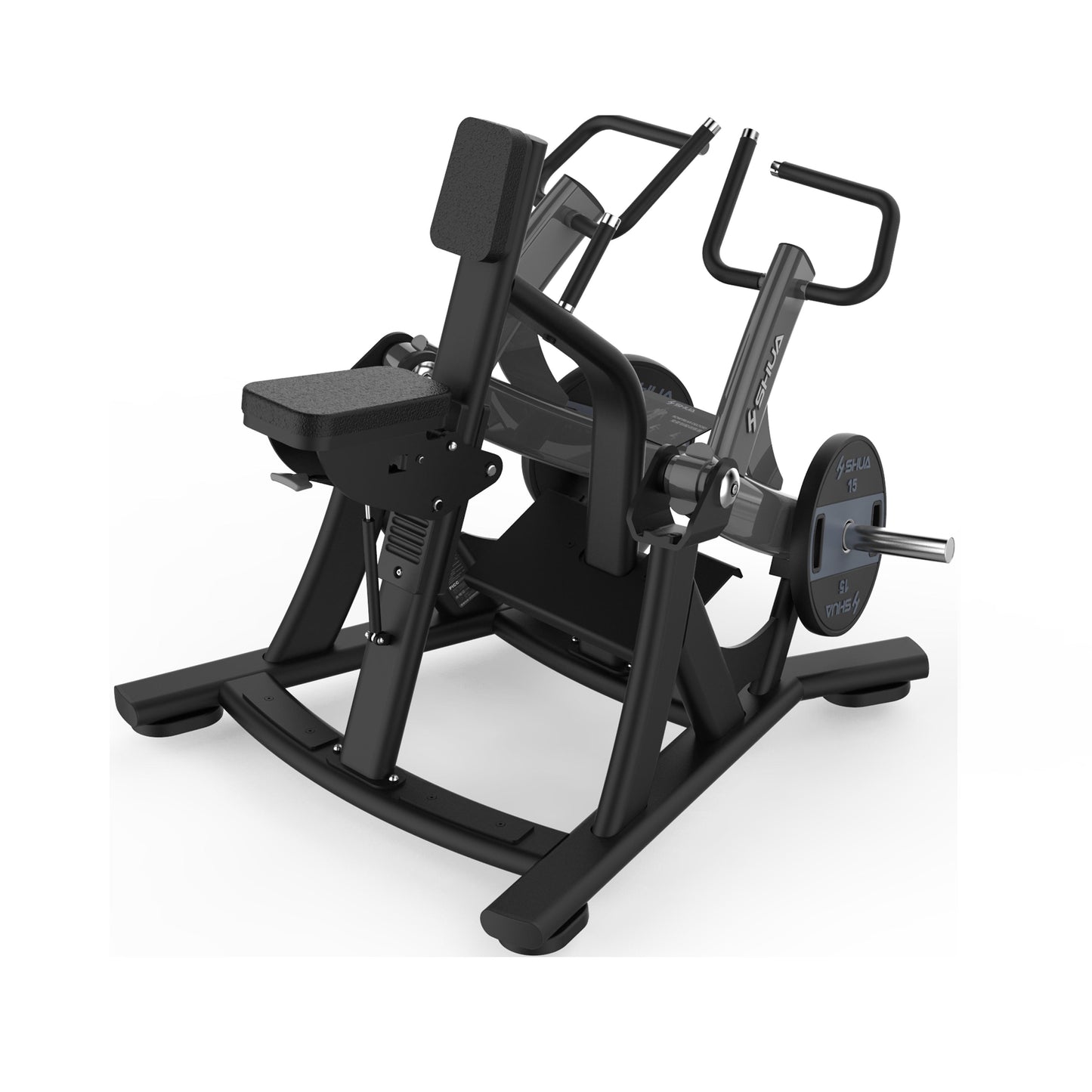 A black SHUA plate loaded row machine with a steel tubing frame and synthetic leather upholstery.