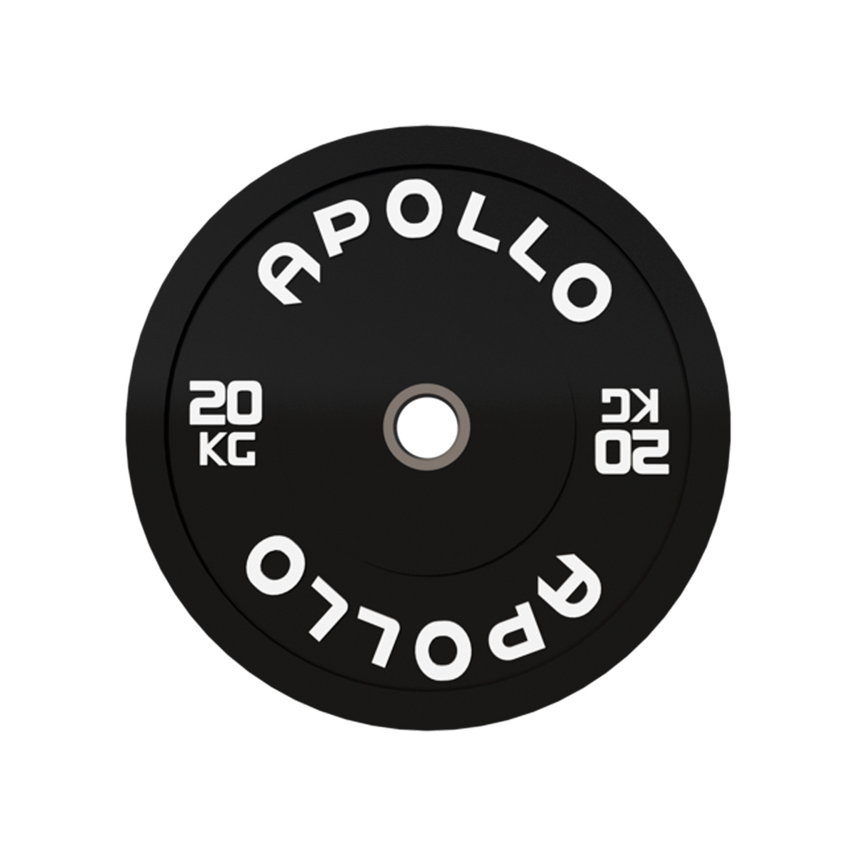 A black bumper plate weightlifting plate with the brand name 'Apollo' and the weight '20 KG' printed on it.