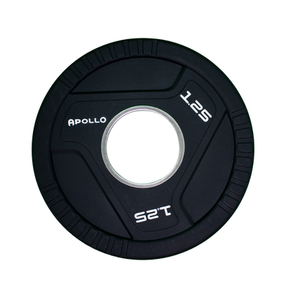 Black weight plate with Apollo branding on a white background
