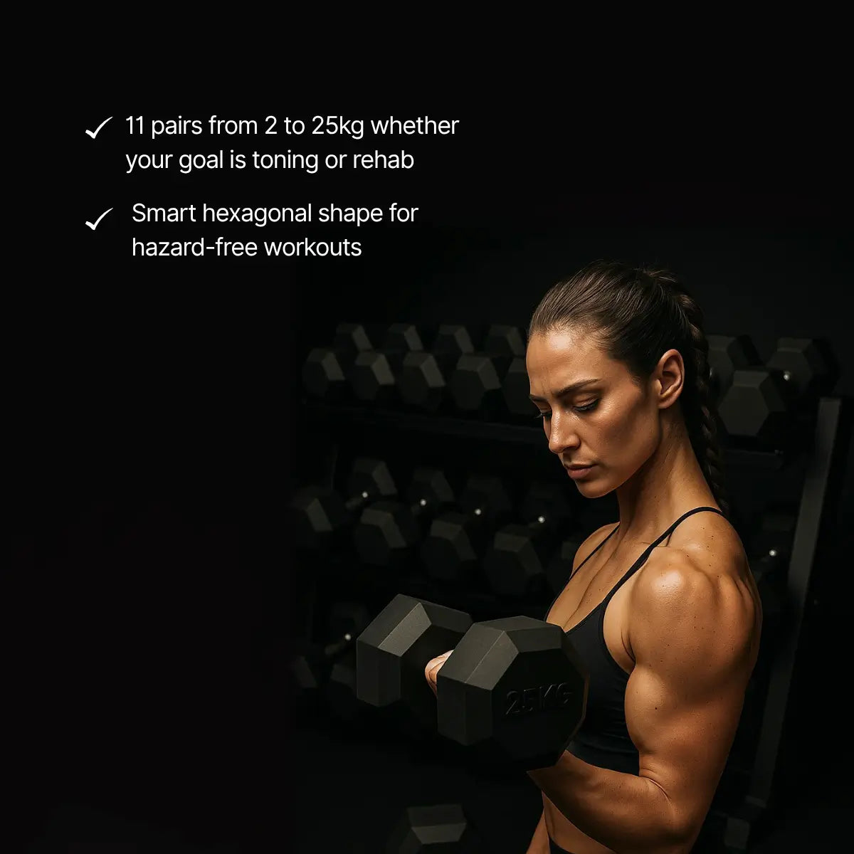 Woman lifting dumbbells with text about weight options and hexagonal design on a black background