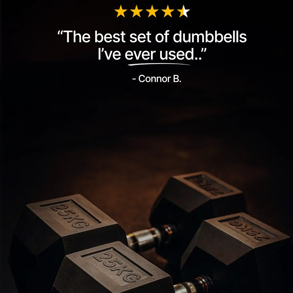 Pair of dumbbells with a five-star rating and review text on a dark background