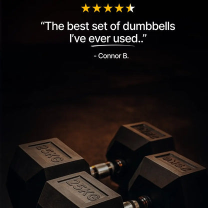 Pair of dumbbells with a five-star rating and review text on a dark background