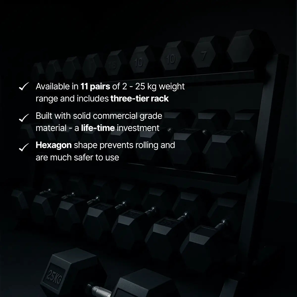 Set of dumbbells with weight labels on a dark background