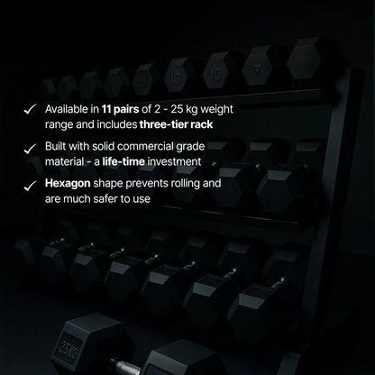 Set of dumbbells with weight labels on a dark background