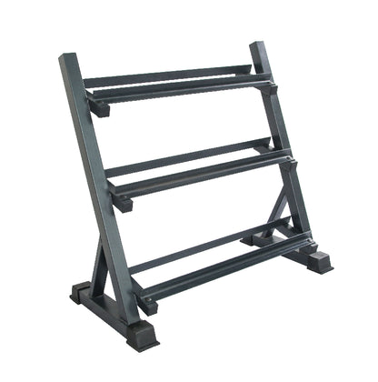 A black hexagonal dumbbell rack made of steel with three shelves.