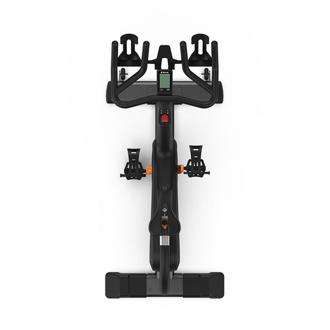 Black stationary bike trainer on a white background