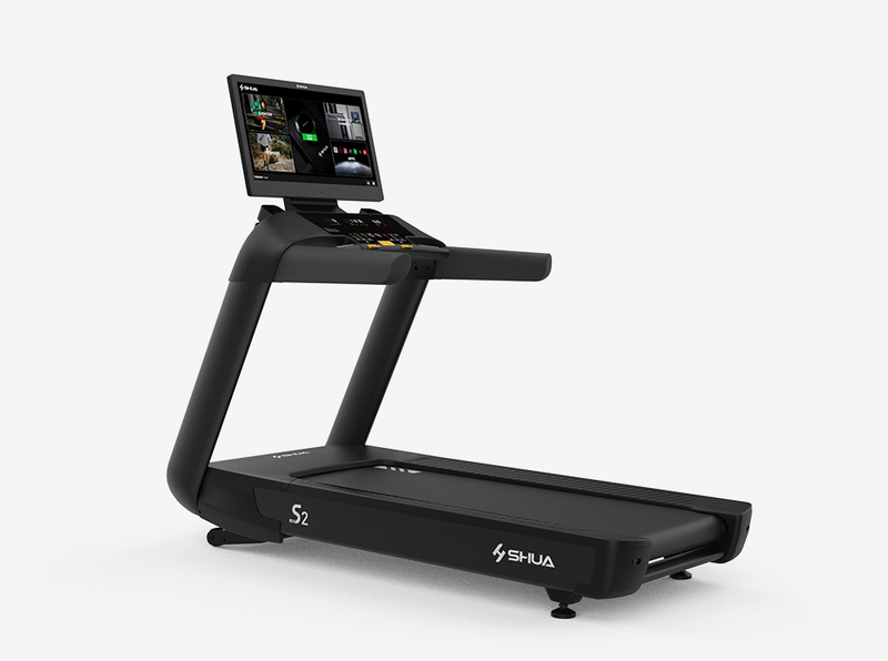 Black treadmill with a digital display on a white background, featuring the Shua brand.
