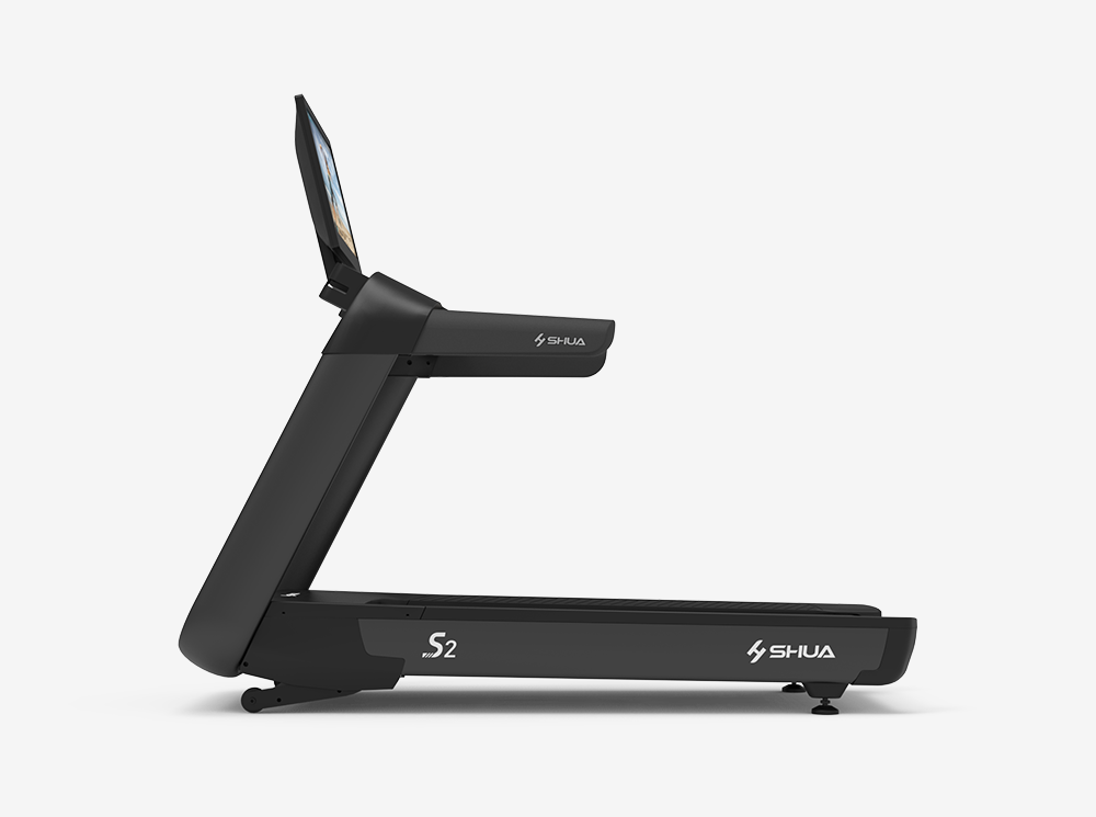 Black treadmill with 'Shua' branding on a white background