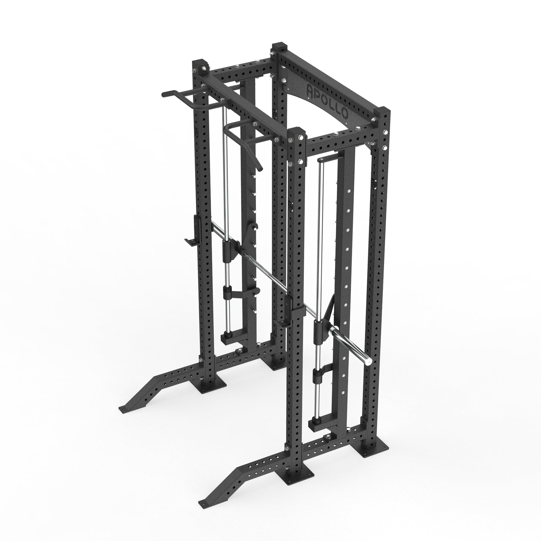 Black power rack with 'Apollo' branding on a white background