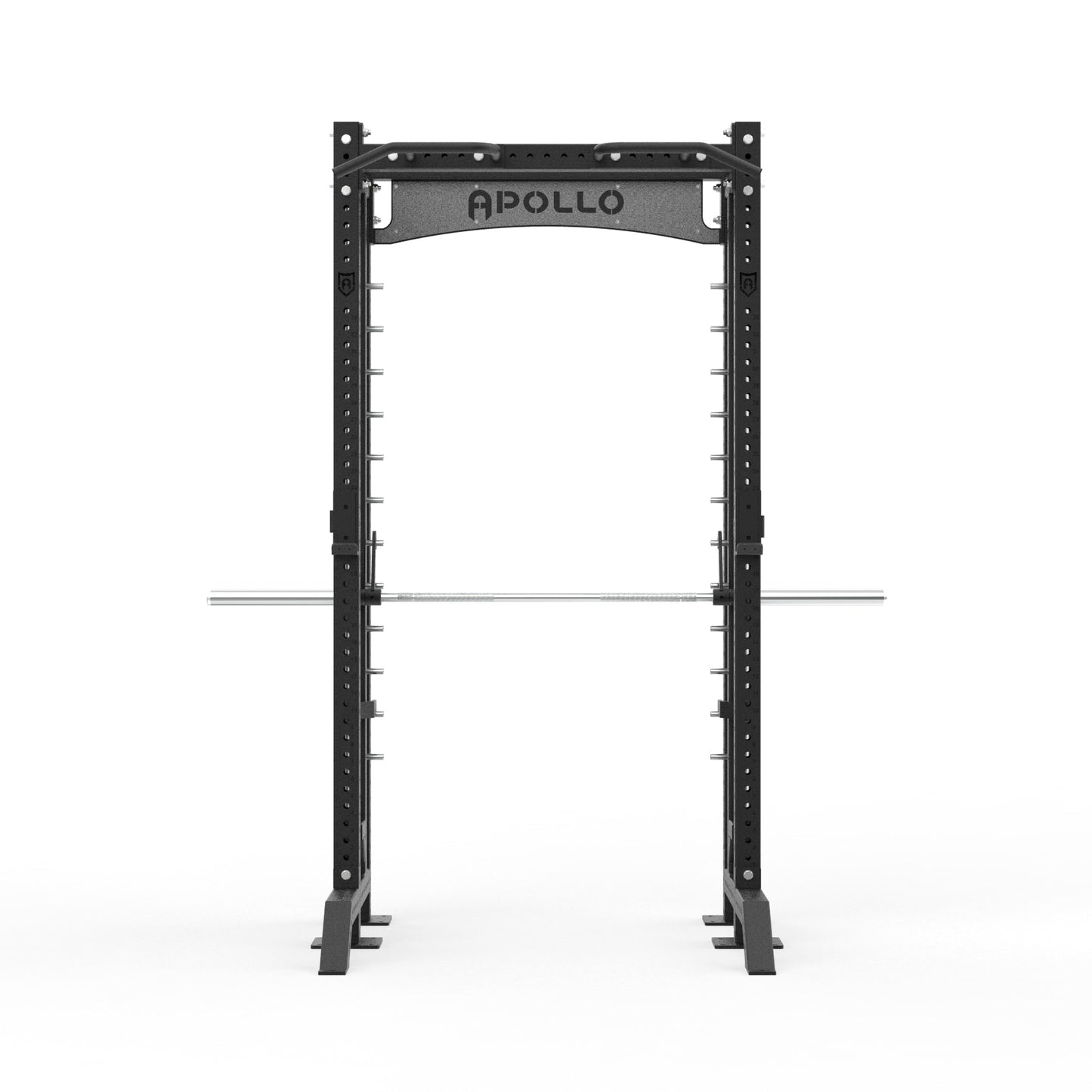 Black power rack with 'Apollo' branding on a white background