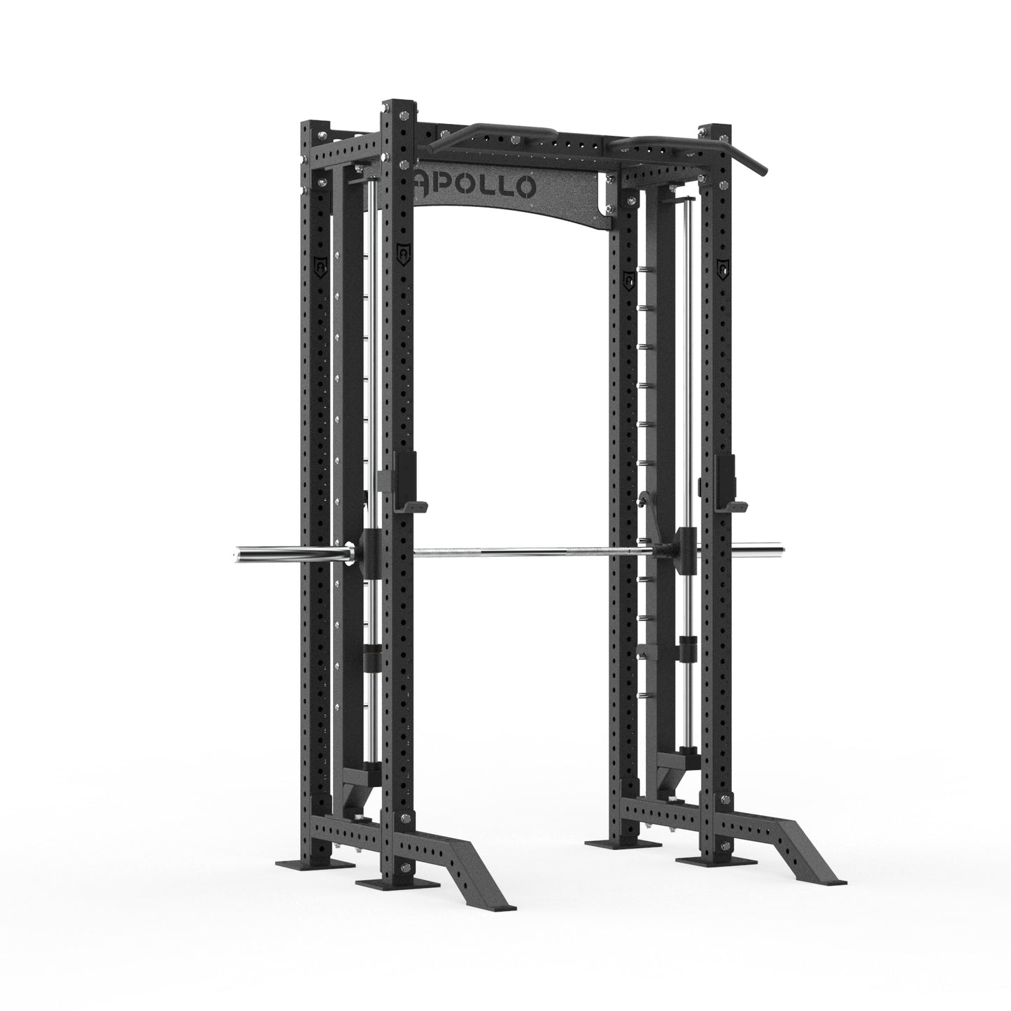 Black power rack with 'Apollo' branding on a white background