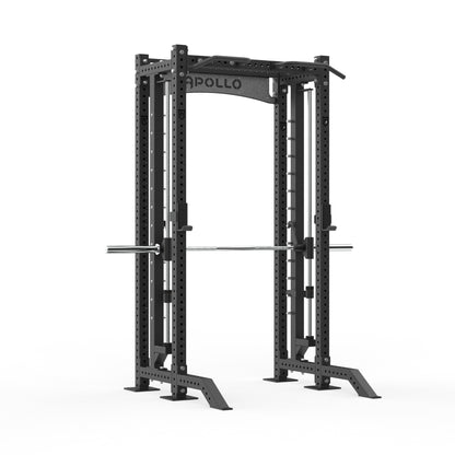 Black power rack with 'Apollo' branding on a white background