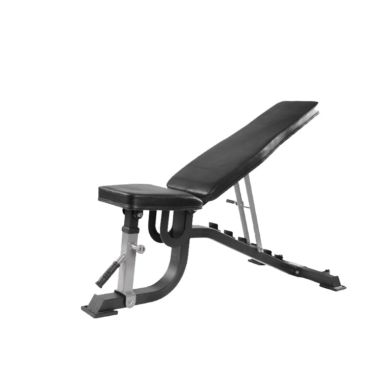 Black weight bench on a white background