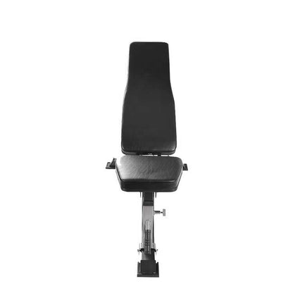 Black weight bench on a white background