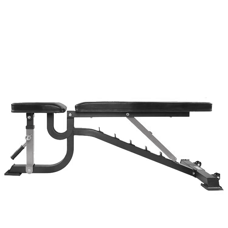 Black weight bench on a white background