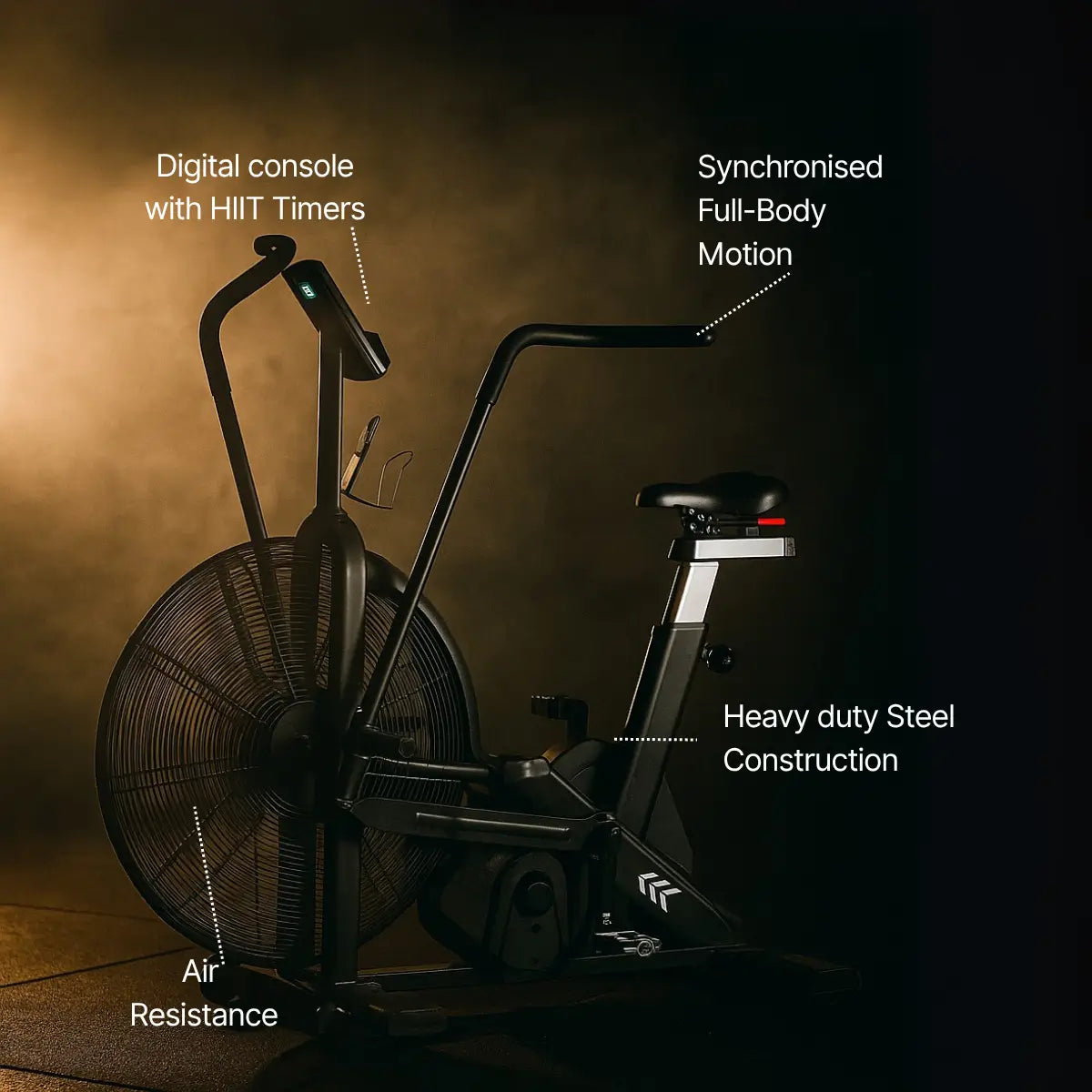 Exercise bike with features highlighted on a dark background