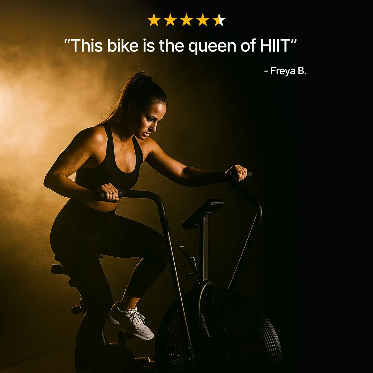 Woman exercising on a bike with a dark background and text overlay.