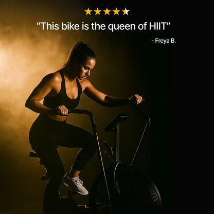 Woman exercising on a bike with a dark background and text overlay.