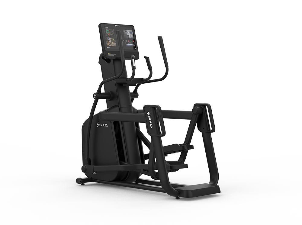 Black elliptical machine with digital display on a white background