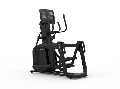 Black elliptical machine with digital display on a white background