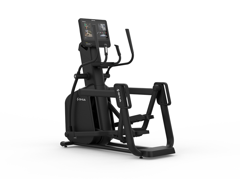 Black elliptical machine with digital display on a white background