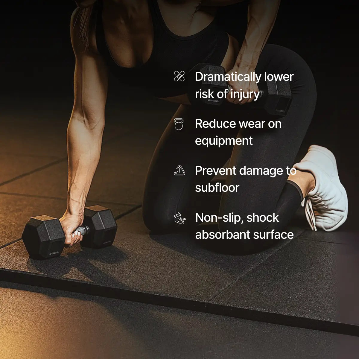 Person exercising on a black mat with text about exercise benefits.