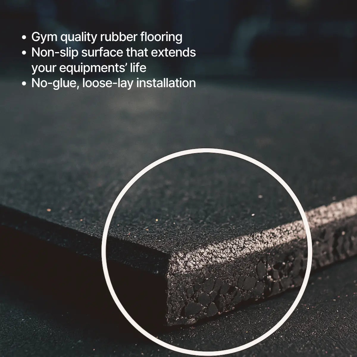 Gym quality rubber flooring with text highlighting features