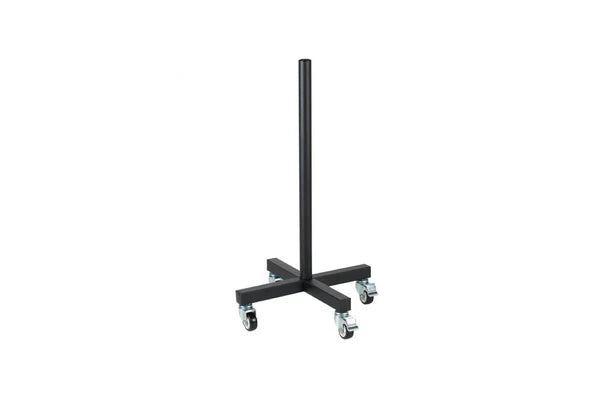 Black metal stand with wheels on a white background