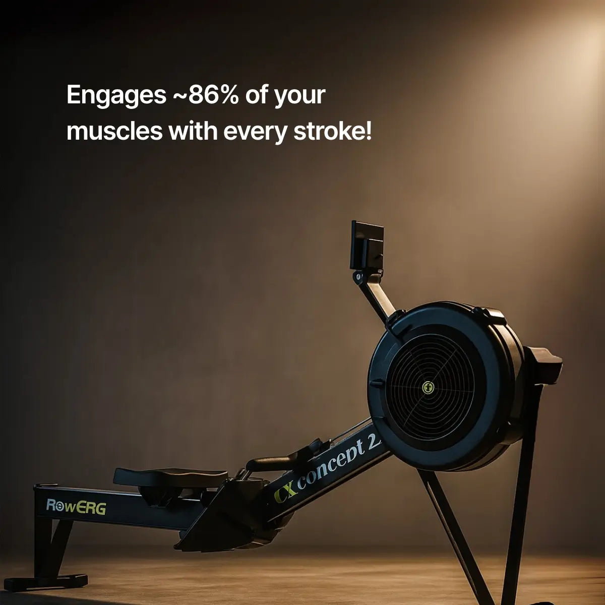 Concept2 rowing machine with text on muscle engagement on a dark background