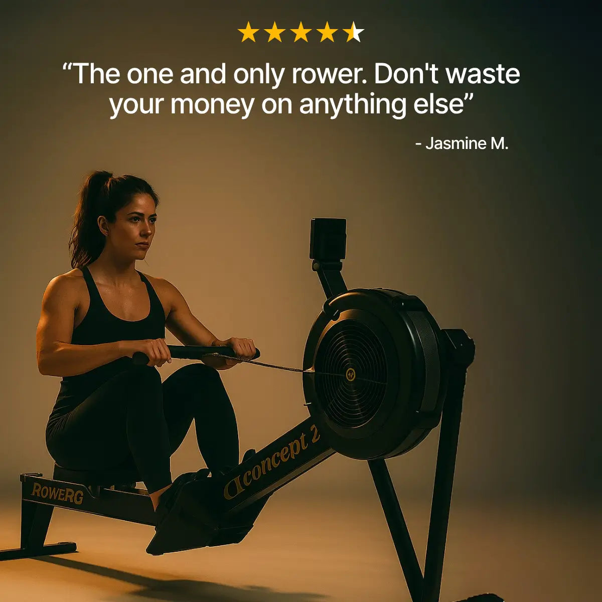 Woman using a rowing machine with a quote and star rating on a dark background