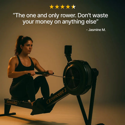 Woman using a rowing machine with a quote and star rating on a dark background