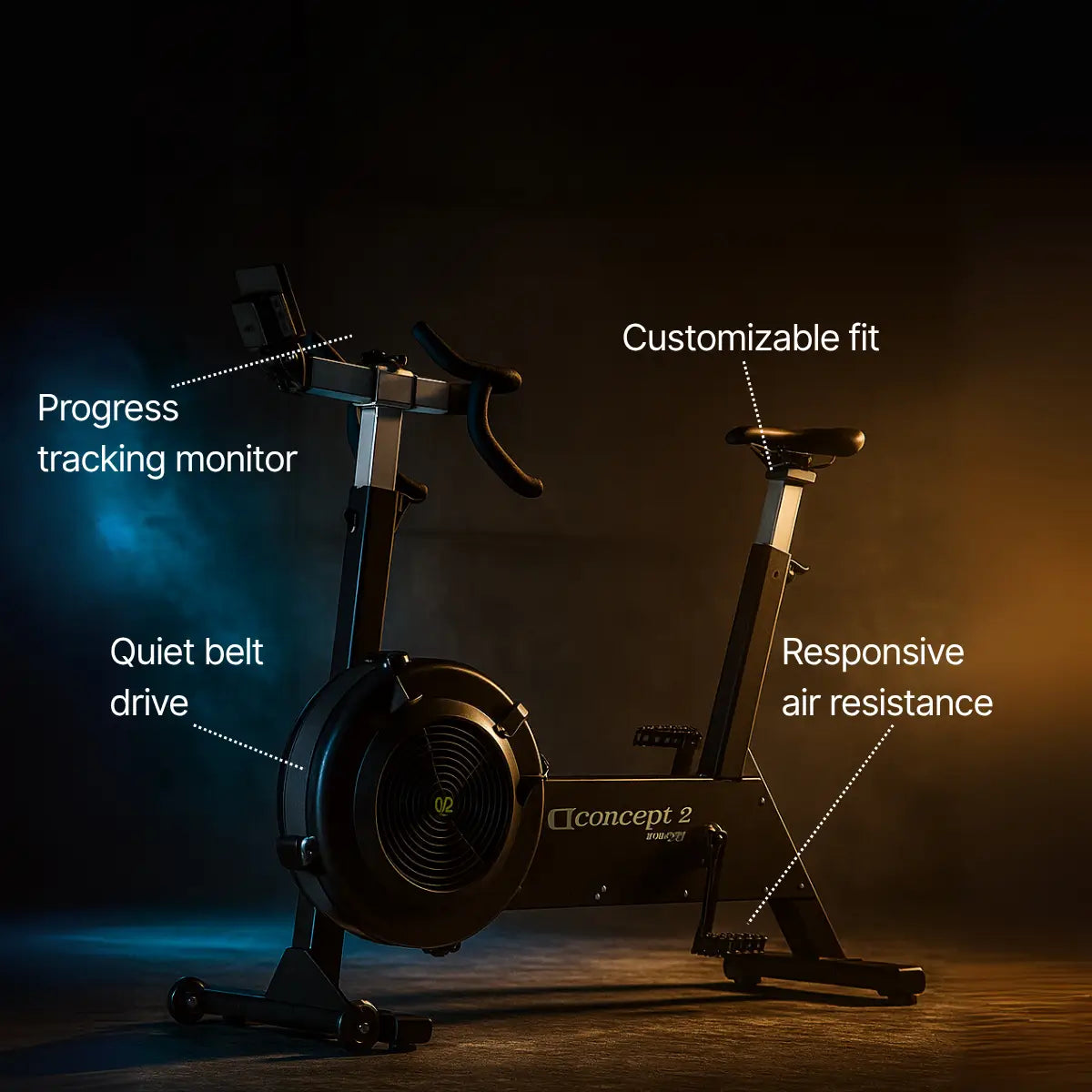 Exercise bike with features highlighted on a dark background