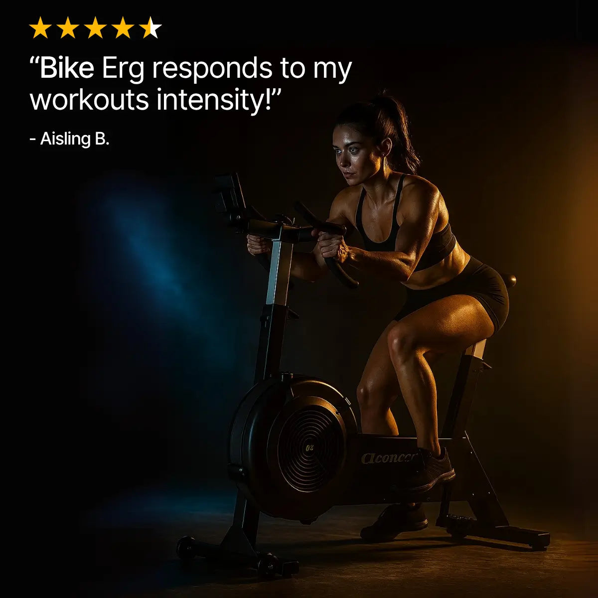 Woman exercising on a bike ergometer with a dark background and text overlay.