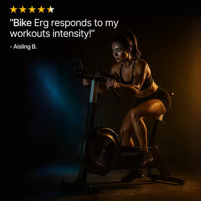 Woman exercising on a bike ergometer with a dark background and text overlay.