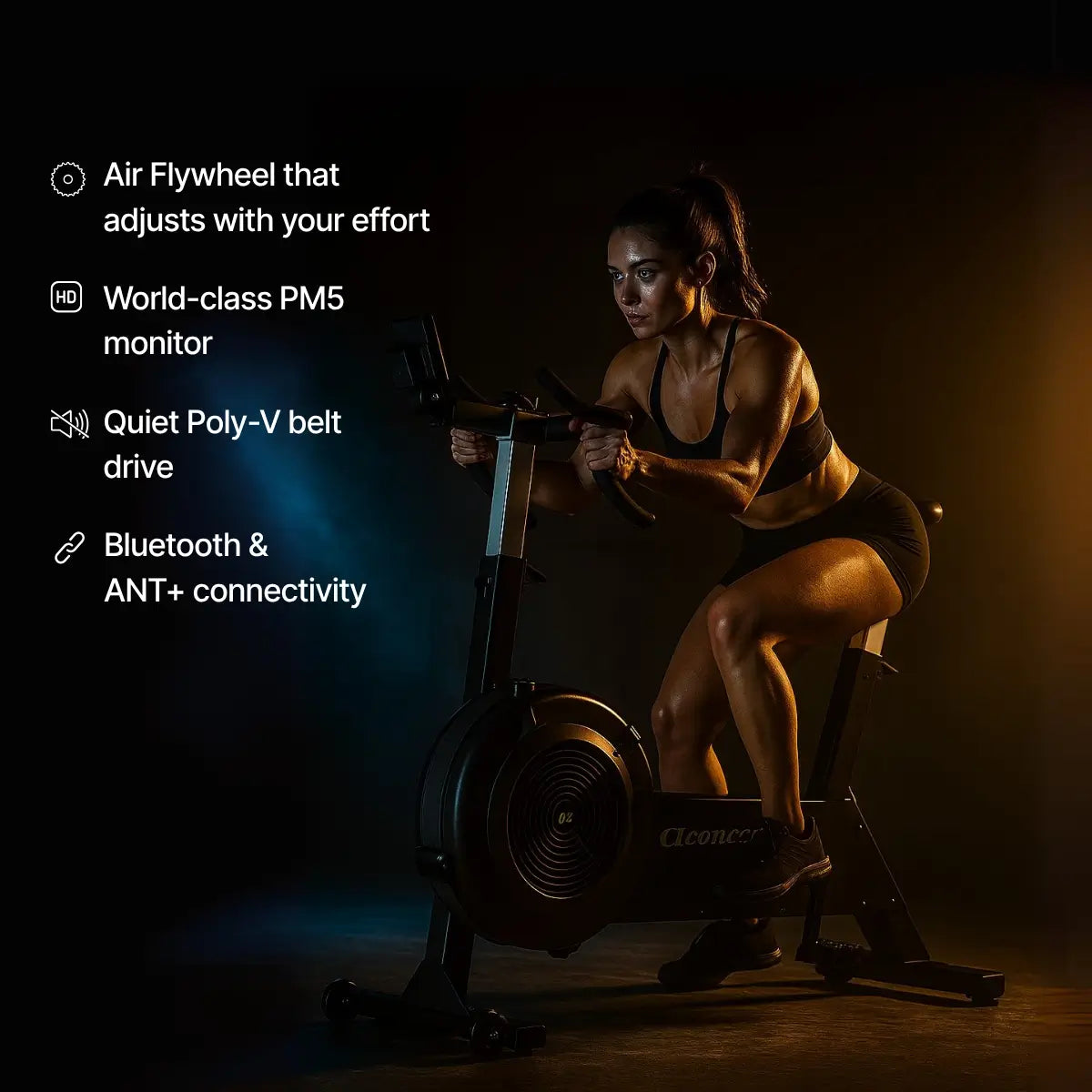 Woman exercising on a stationary bike with product features listed on the left.