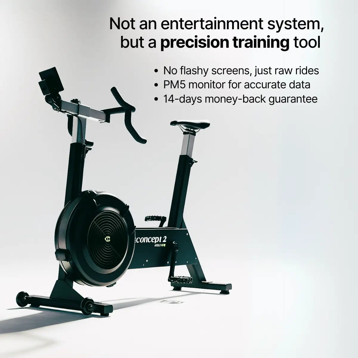 Concept2 indoor cycling bike with text about precision training tool on a white background