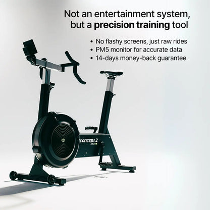 Concept2 indoor cycling bike with text about precision training tool on a white background