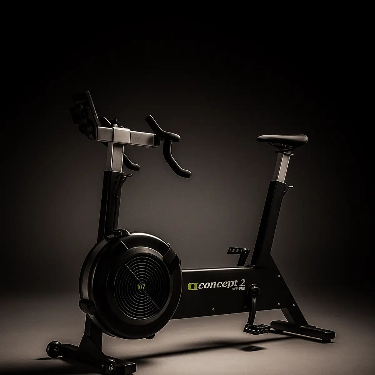 Black exercise bike with Concept2 logo on a dark background