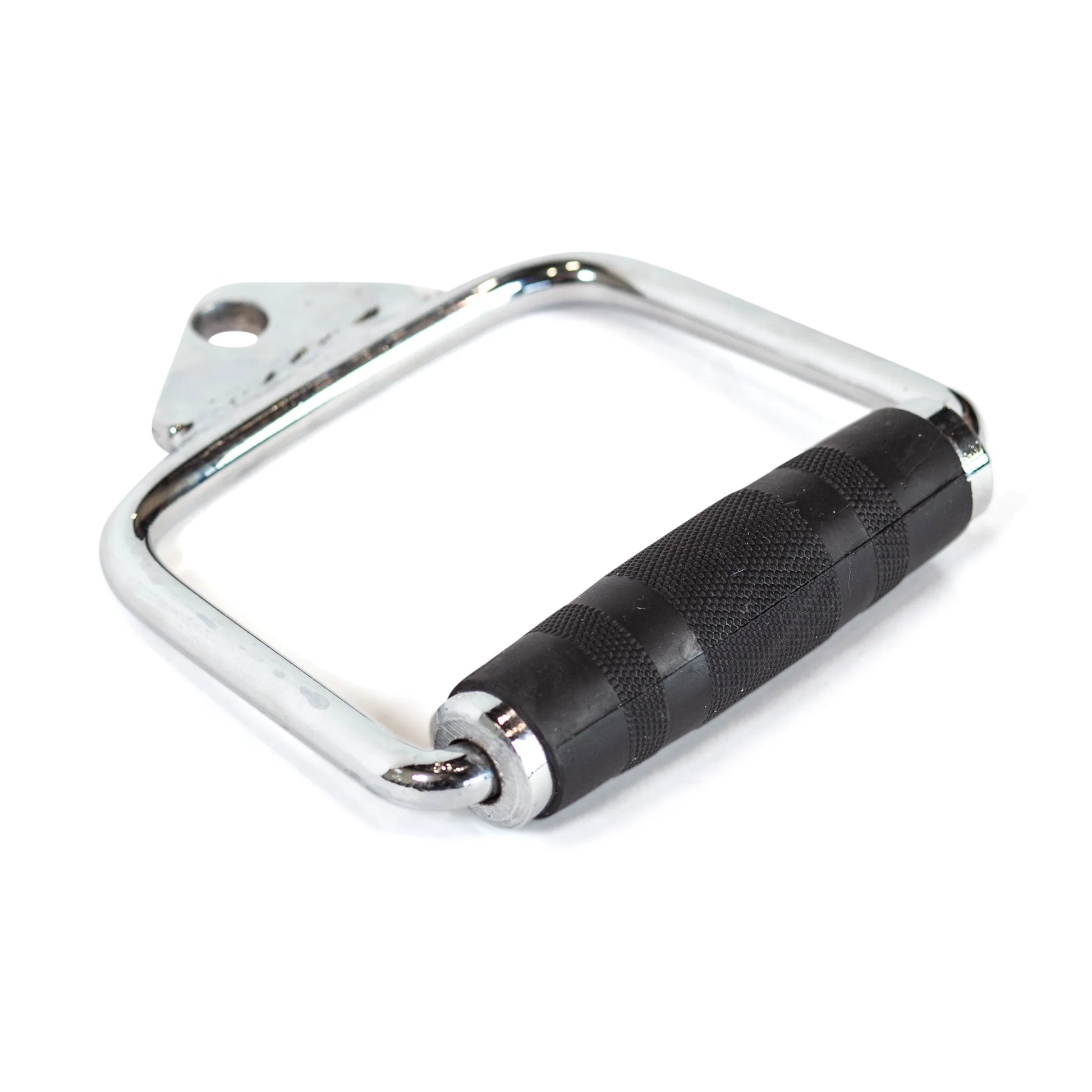 Chrome metal handlebar with black grip on a white background